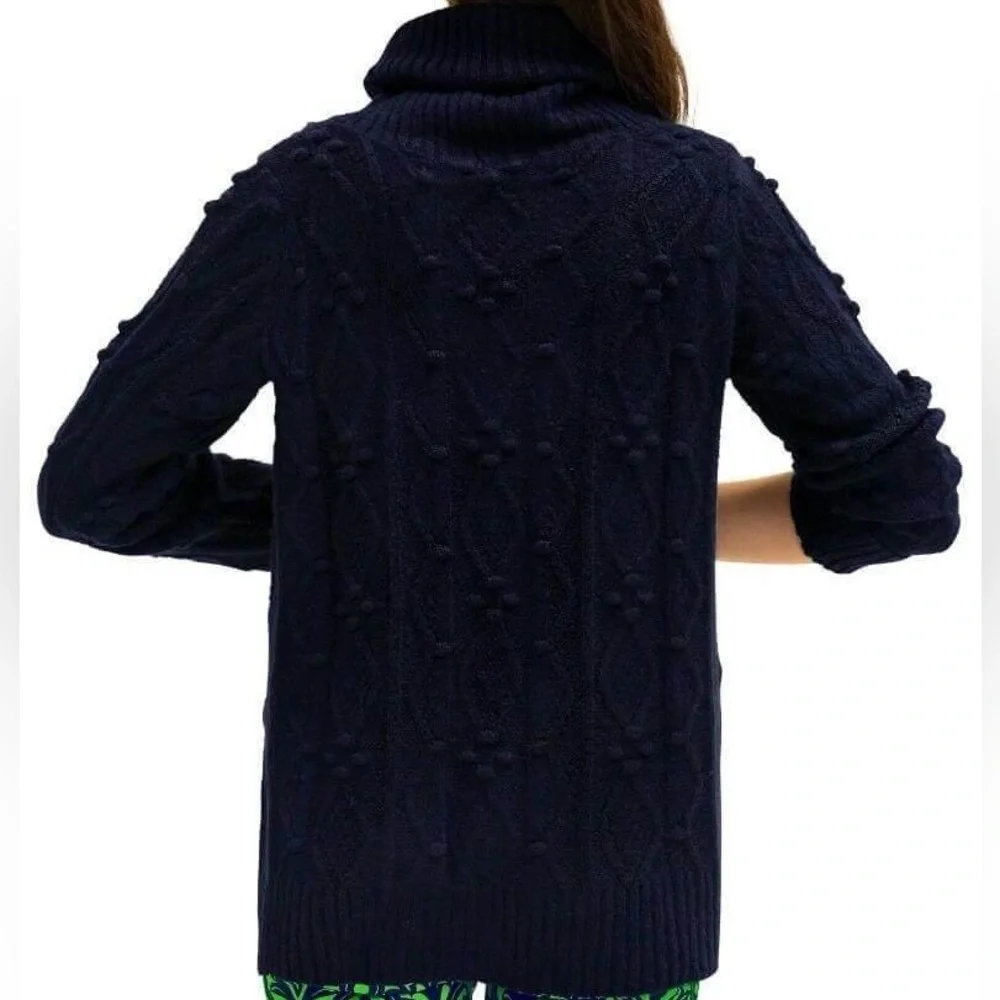 Gretchen Scott Dark Navy Knot Enough Textured‎ Side Slit Chunky Sweater Sz Small